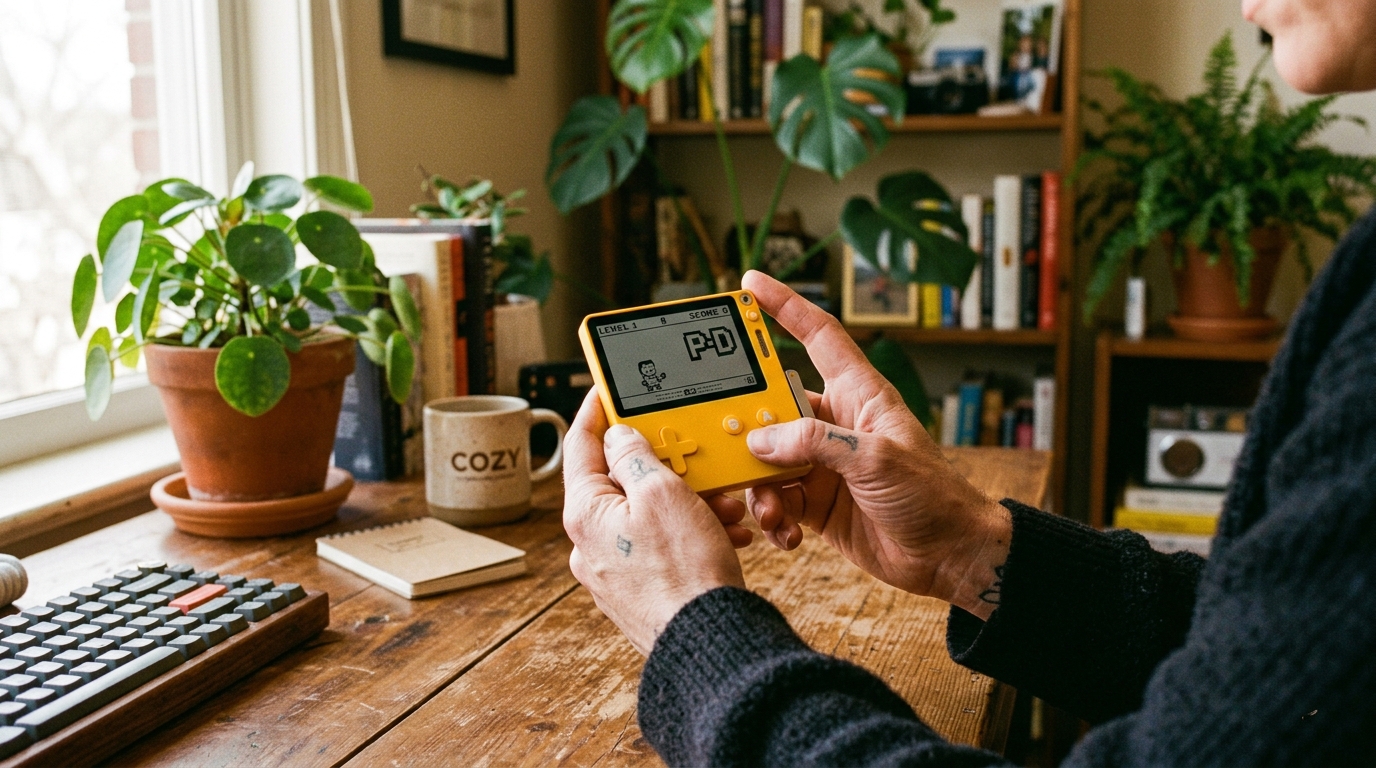 Yellow handheld gaming device held in hands