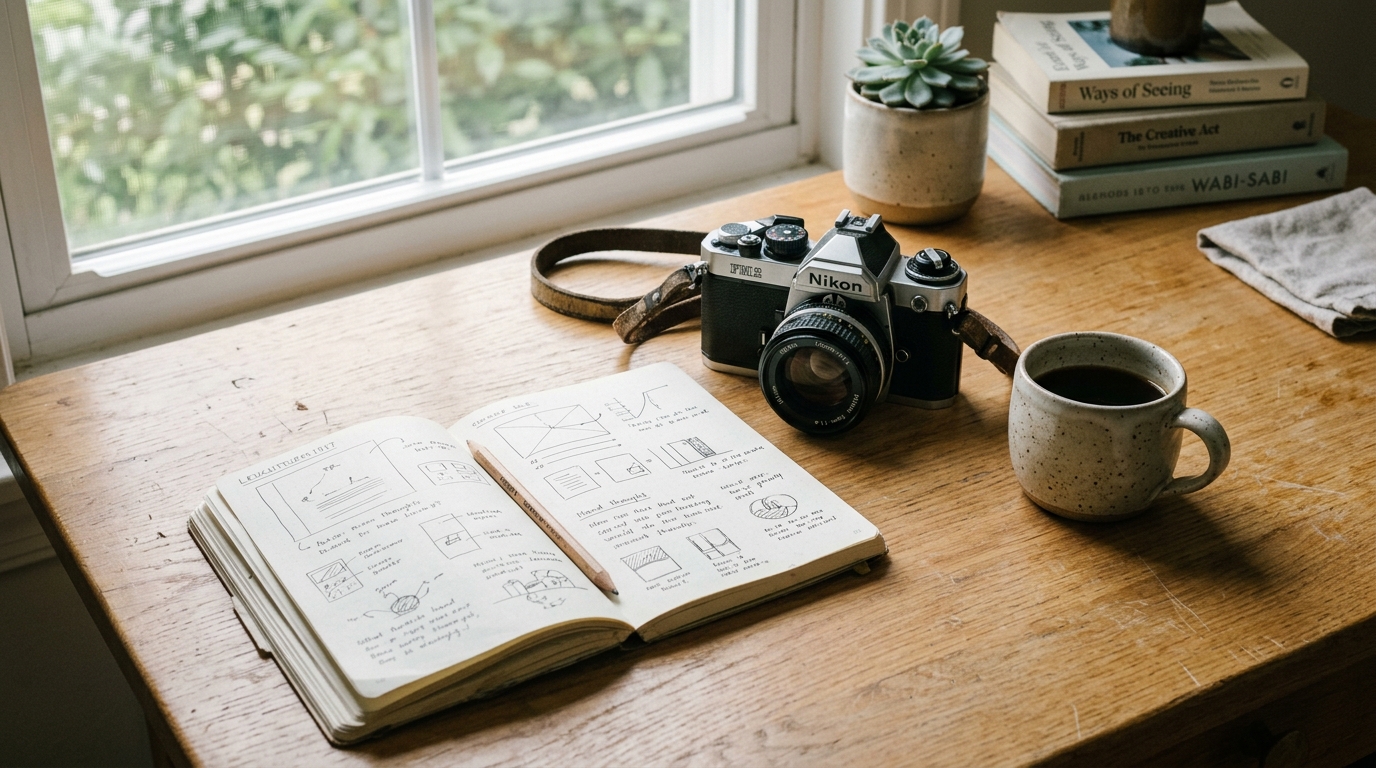 Tactile creative workspace featuring an open sketchpad, custom mechanical keyboard, film camera, and a ceramic mug.