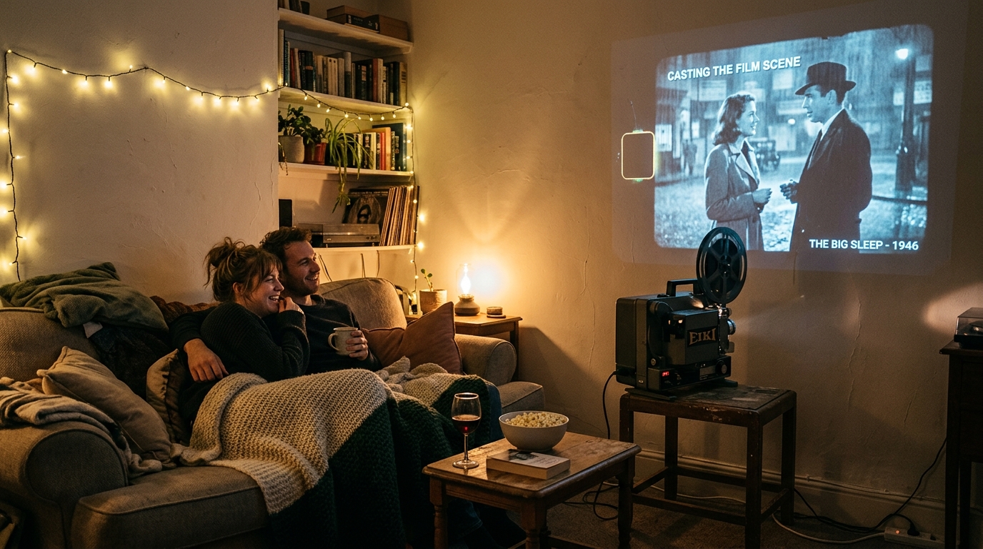 Cozy movie session with projector glowing on a plain room wall