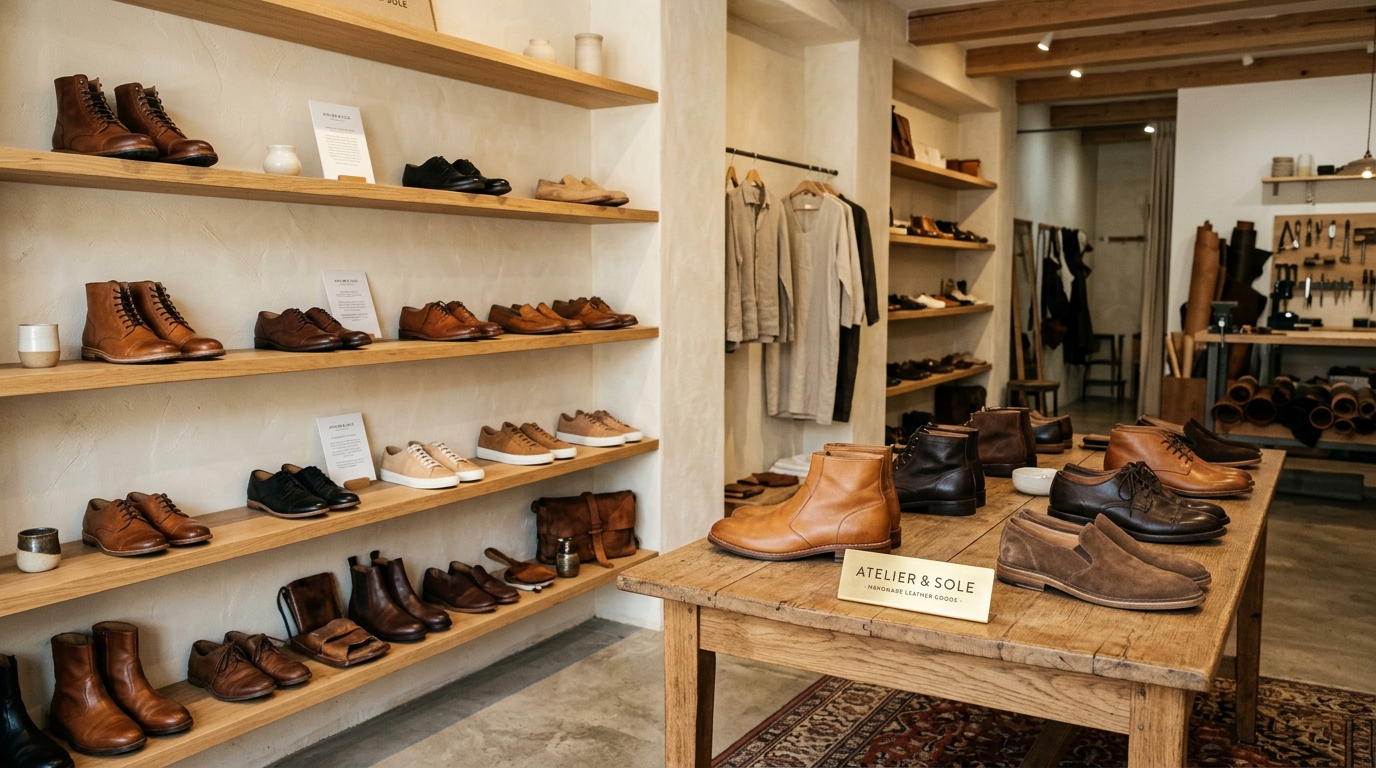Atelier & Sole shoemaking boutique displaying premium handmade leather shoes and boots on minimalist wooden shelves.