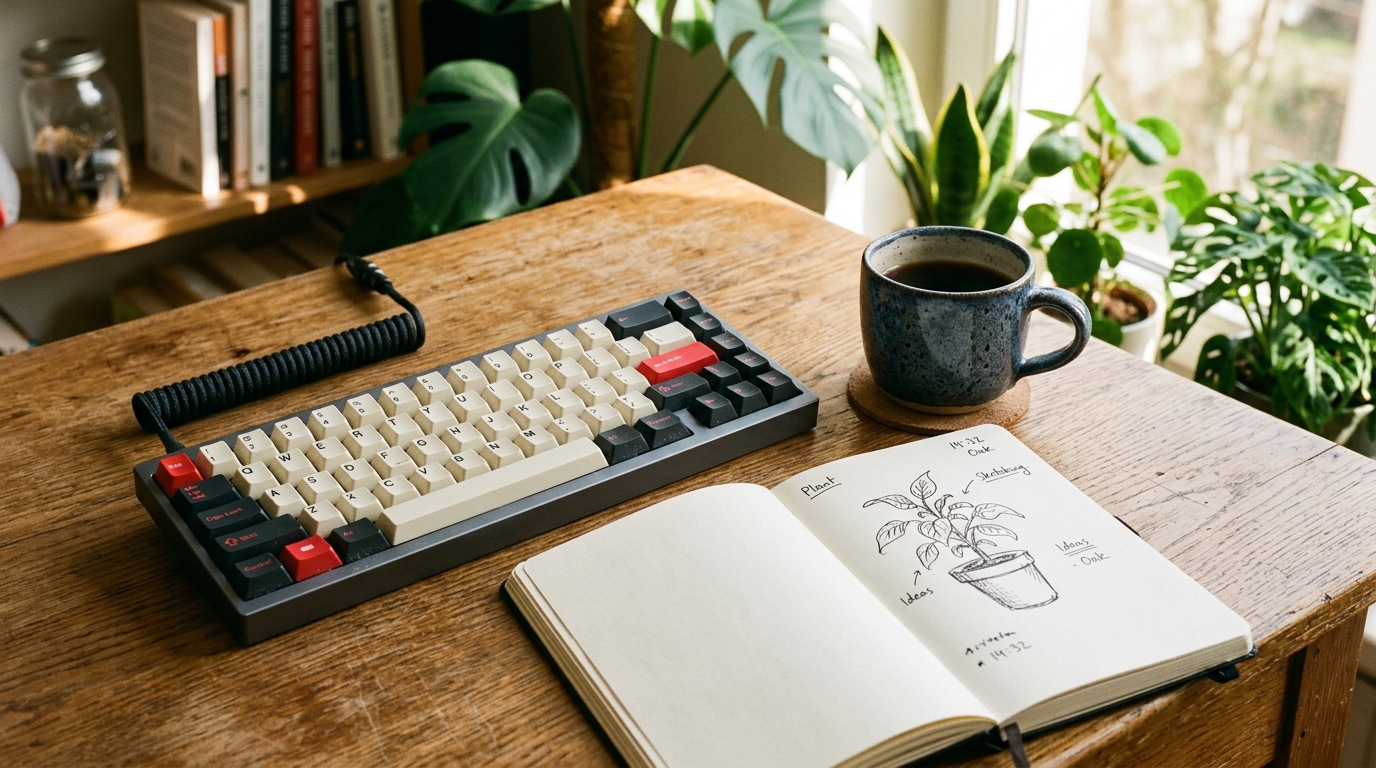 Custom mechanical keyboard and sketchpad on wooden table